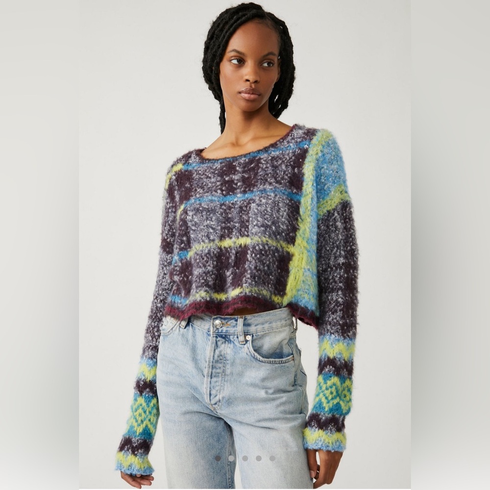 Free People Multicolor Plaid Fuzzy Cropped Sweater - Blue, Lime, Purple